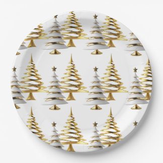 Elegant Gold & White Christmas winter snow tree Pappteller