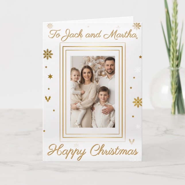 Elegant Gold & White Family Photo Christmas Card Karte (Vorderseite)