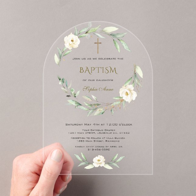 Elegant Gold White Flowers Cross Baptism Acryleinladungen (Insitu (Handheld))
