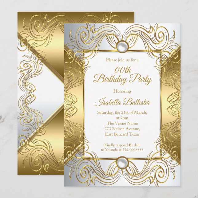 Elegant Gold White Pearl Silver Swirt Geburtstag Einladung (Vorne/Hinten)