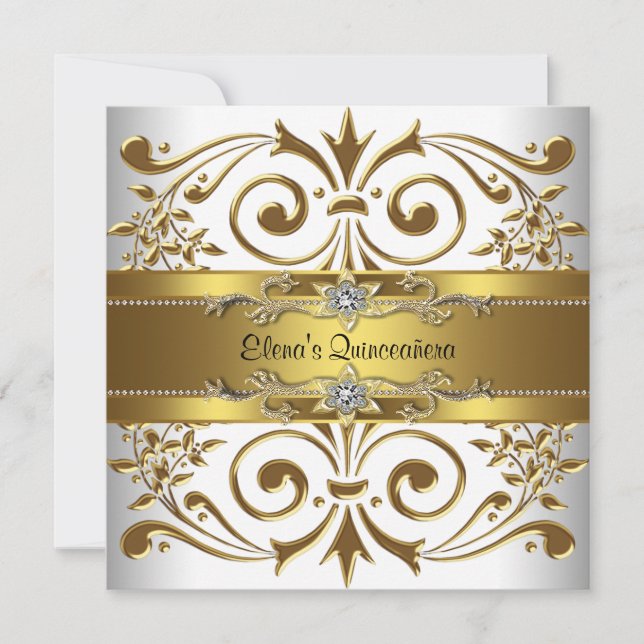 Elegant Gold White Quinceanera Einladung (Vorderseite)