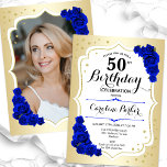 Elegant Gold White Royal Blue Foto 50. Geburtstag Einladung<br><div class="desc">Elegante florale feminine 50. Geburtstagseinladung mit Ihrem Foto auf der Kartenrückseite. Glam-Design mit Imitat Gold. Enthält königsblaue Rose,  Skript-Schriftart und Konfetti. Ideal für ein stilvolles Party für Erwachsene. Personalisieren Sie Ihre persönlichen Daten. Kann für jedes Alter angepasst werden! Gedruckte Zazzle Einladungen oder Sofortdownload digitalen druckbaren Vorlage.</div>