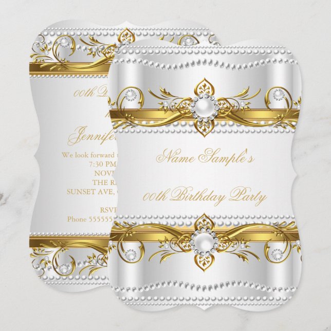 Elegant Gold White Silver Pearl Silk Geburtstag Einladung (Vorne/Hinten)