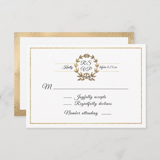 Elegant Gold Wreath White Script Calligraphy UAWG RSVP Karte (Vorne/Hinten)
