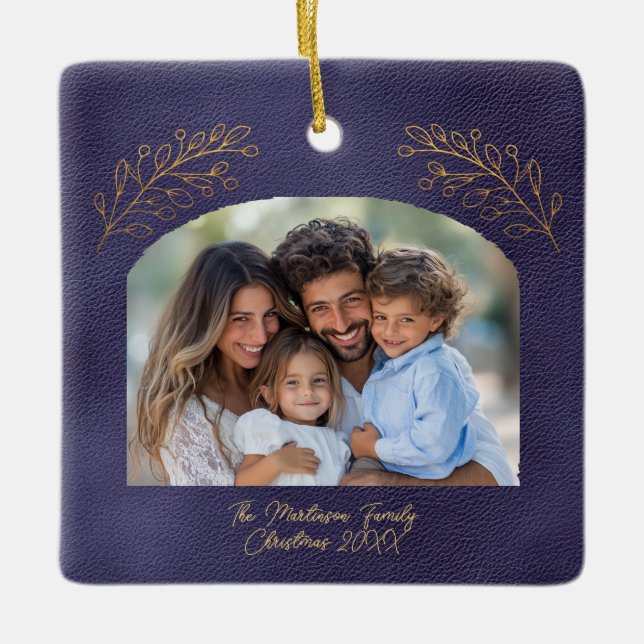 Elegant Golden Branches Arch Photo Blue Keramikornament (Vorderseite)