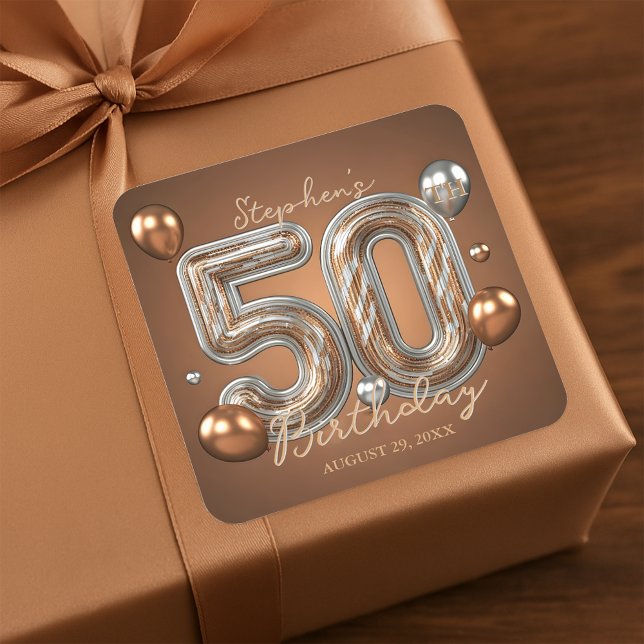 Elegant Golden Bronze Silver 50th Birthday Quadratischer Aufkleber (Von Creator hochgeladen)