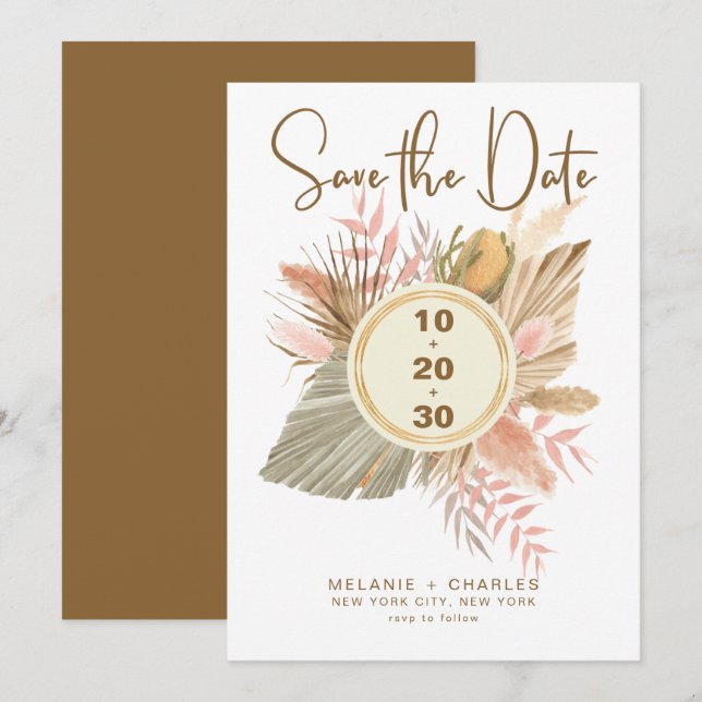 Elegant Golden Brown Pampas Grass Boho Foliage Save The Date (Vorne/Hinten)