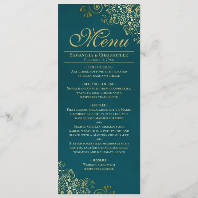 Elegant Golden Curls & Swirls on Teal Wedding Menükarte (Vorderseite)