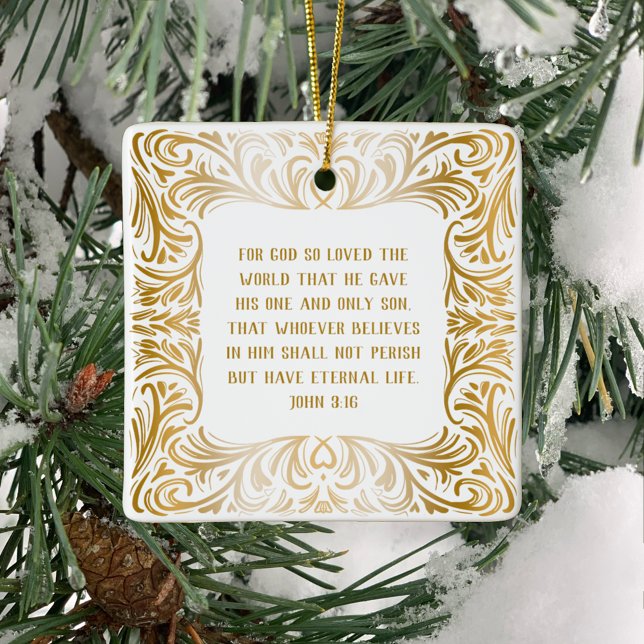 Elegant Golden Custom John 3:16 Bibel Weihnachten Keramikornament (Create a beautiful Christmas ornament gift with personal message on back of John 3:16 Bible Verse.)