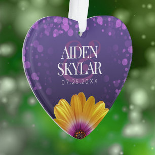 Elegant Golden Daisies mit Lila Glitzer Hochzeit Ornament