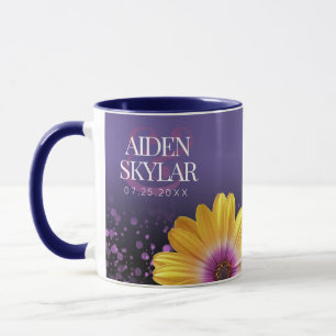 Elegant Golden Daisies mit Lila Glitzer Hochzeit Tasse