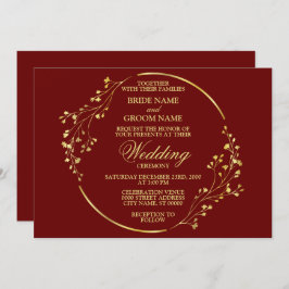 Elegant Golden Floral Geometric Wreath Red Einladung