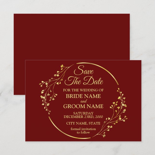 Elegant Golden Floral Geometric Wreath Red Save The Date (Vorne/Hinten)