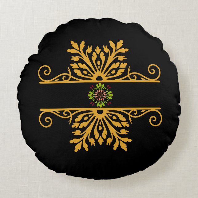 Elegant Golden Floral Ornament Baroque Style Rundes Kissen (Vorderseite)