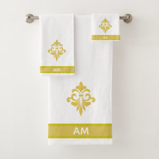 Elegant Golden Flower, Monogram & Stripe on White Badhandtuch Set