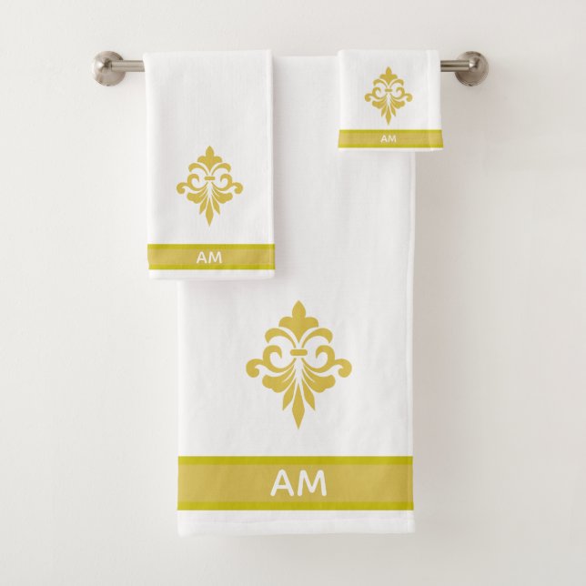 Elegant Golden Flower, Monogram & Stripe on White Badhandtuch Set (Insitu)