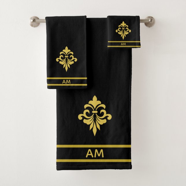 Elegant Golden Flower, Monogram & Stripes on Black Badhandtuch Set (Insitu)