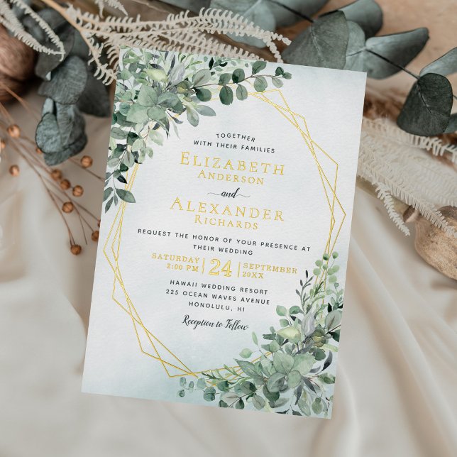 Elegant Golden Foil Eukalyptus Grüne Hochzeit Folieneinladung (Von Creator hochgeladen)