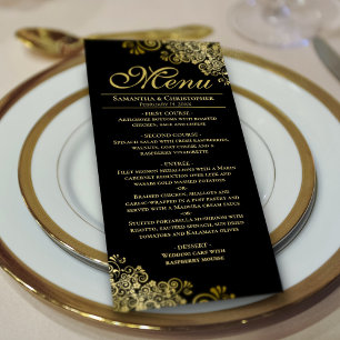 Elegant Golden Frilles on Black Wedding Menükarte