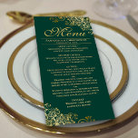 Elegant Golden Frills on Emerald Green Wedding Menükarte<br><div class="desc">Dieses schöne Menü wird Ihrem Hochzeitsempfang etwas mehr Stil verleihen. Es zeichnet sich durch ein schönes Design mit verzierten goldenen Imitaten und Wirbel auf einem smaragdgrünen Hintergrund aus. Es gibt Platz für die Namen des Paares und das Hochzeitstag, und der Text ist vollständig anpassbar. Elegant, elegant und glänzend, wird dieses...</div>