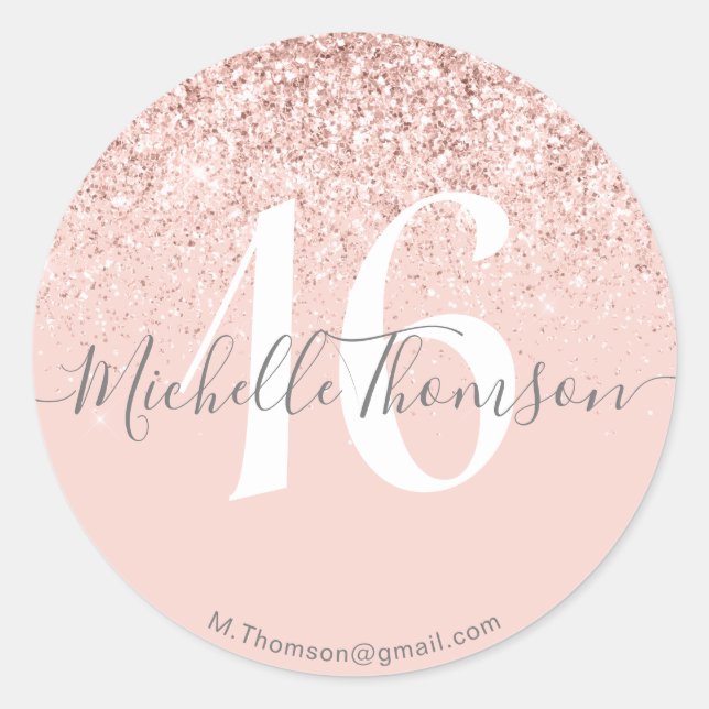 Elegant Golden Glitter Monogram Sweet Pink 16 Runder Aufkleber (Vorderseite)