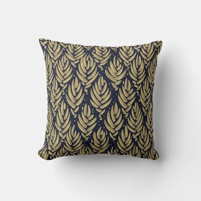 Elegant Golden Leaf Navy Pattern Throw Pillow Kissen (Vorderseite)