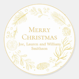 Elegant Golden Leaves & Berries Merry Christmas Runder Aufkleber