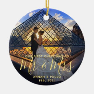 Elegant Golden Our First Christmas Mr. Mrs. Foto Keramik Ornament