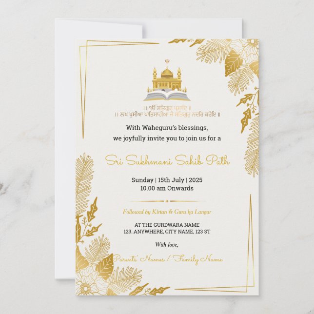 Elegant Golden Sukhmani Sahib Path Invitation Einladung (Vorderseite)