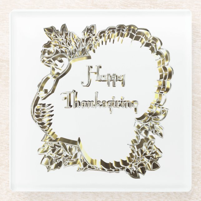 Elegant Golden Turkey Happy Thanksgiving Text Glasuntersetzer (Vorderseite)
