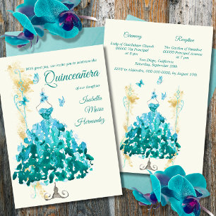 Elegant Golden & Turquoise Schmetterlinge Quinceañ Einladung