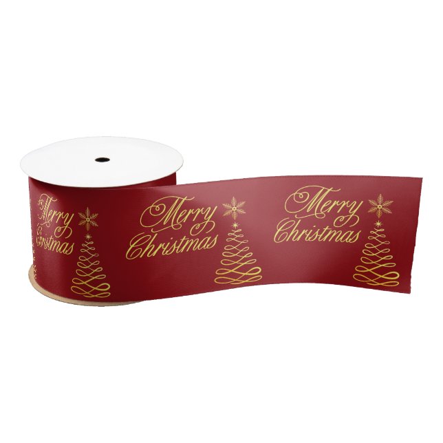 Elegant Golden und Crimson Red Frohe Weihnachten Satinband (Spule)