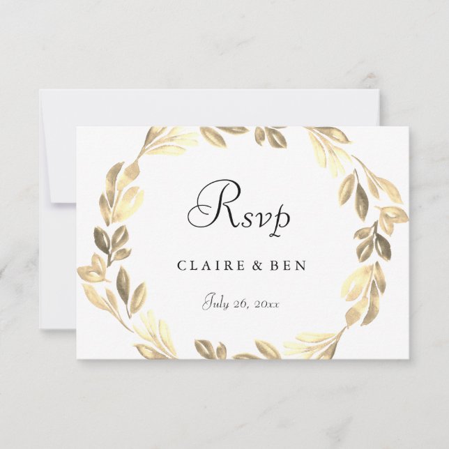 Elegant Golden Wreath Wedding RSVP Karte (Vorderseite)