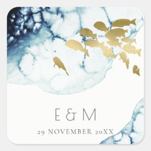 ELEGANT GOLDNAVY UNDERWASSERFANG MONOGRAM WEDD QUADRATISCHER AUFKLEBER