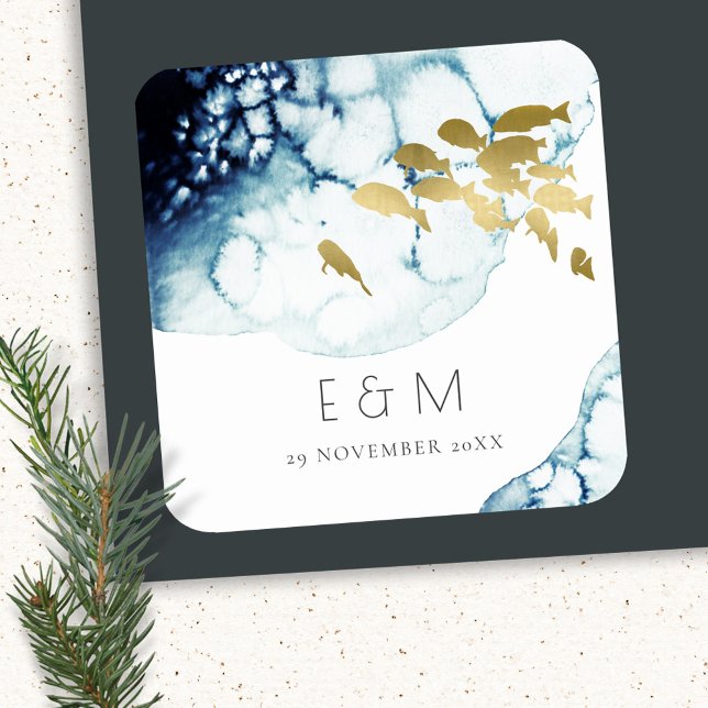ELEGANT GOLDNAVY UNDERWASSERFANG MONOGRAM WEDD QUADRATISCHER AUFKLEBER (Von Creator hochgeladen)