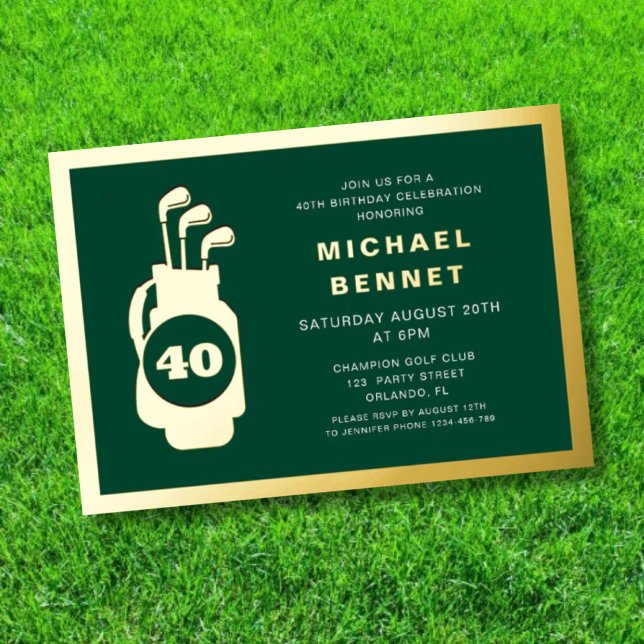 Elegant Golf 40th Birthday Gold Folieneinladung (Elegant Golf 40th Birthday Gold Foil Invitation)