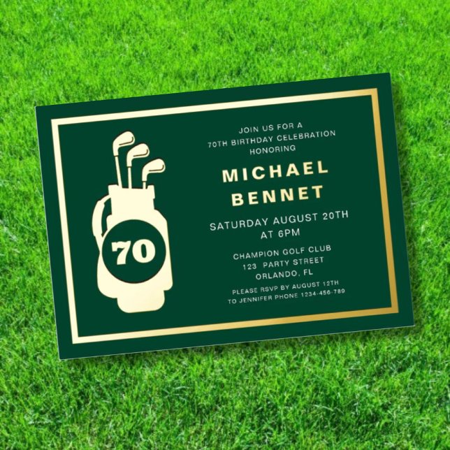 Elegant Golf 70th Birthday Gold Folieneinladung (Elegant Golf 70th Birthday Gold Foil Invitation)