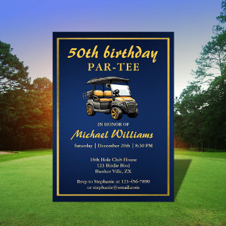 Elegant Golf Theme Cart Blue Gold 50. Geburtstag Einladung