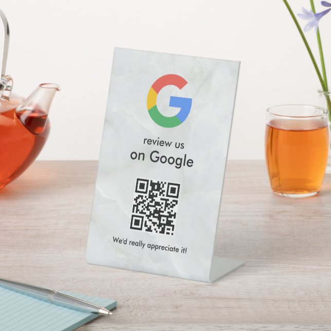 Elegant Google reviews qr code tabletop sign Sockelschild (In SItu)