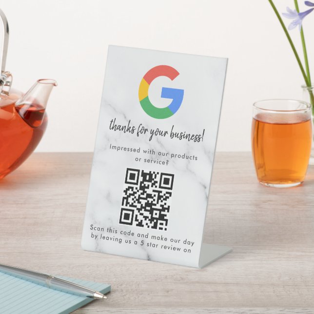 Elegant Google reviews qr code tabletop sign Sockelschild (In SItu)
