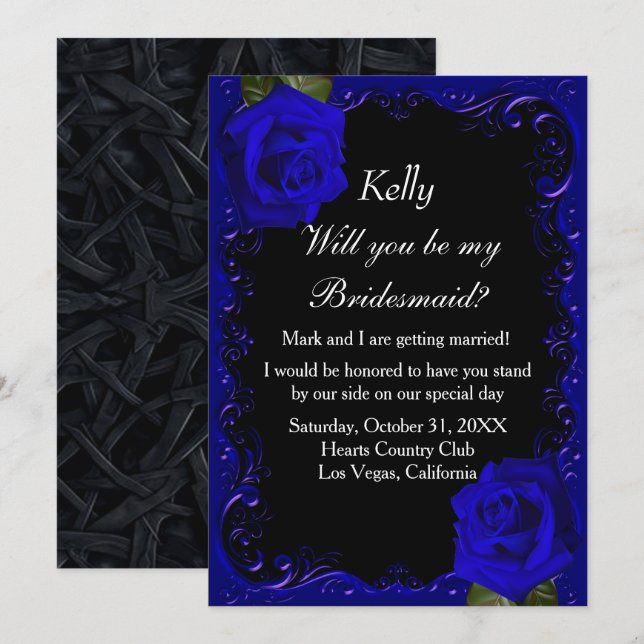Elegant Goth Blue Rose Bridesmaid Einladung (Vorne/Hinten)