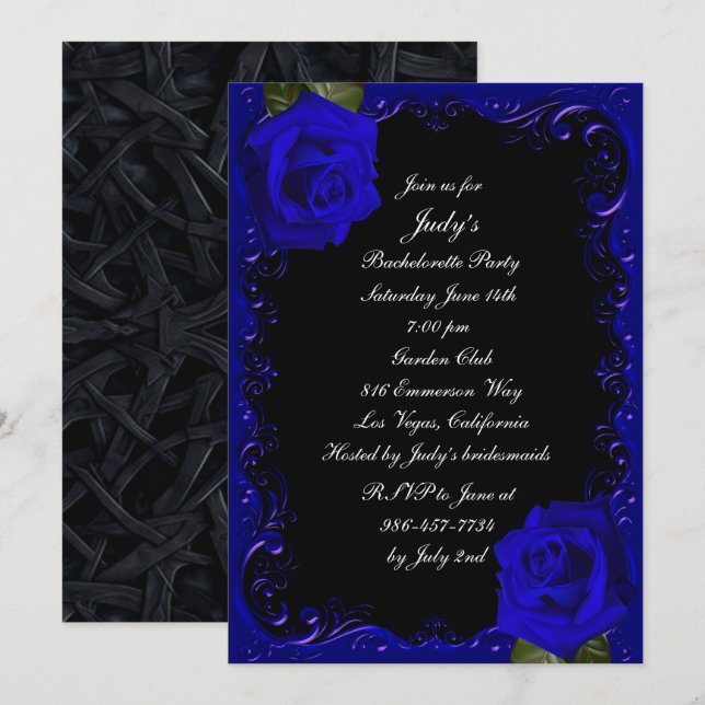 Elegant Goth Blue Rose Junggeselinnen-Abschied Einladung (Vorne/Hinten)