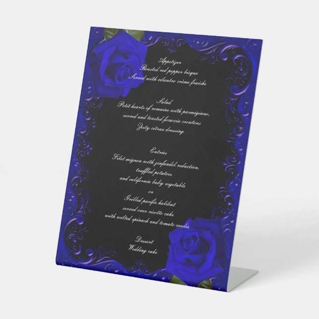 Elegant Goth Blue Rose Wedding Menu Sockelschild (Vorderseite)