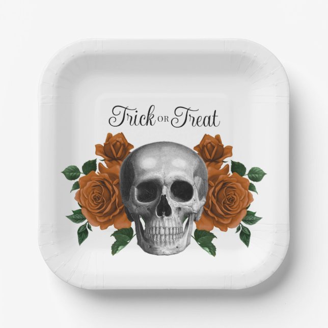 Elegant Goth Floral Skull Trick Or Treat Halloween Pappteller (Vorderseite)
