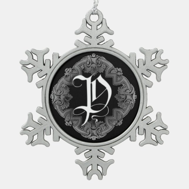 Elegant Goth Initial P Snowflake Schneeflocken Zinn-Ornament (Vorderseite)