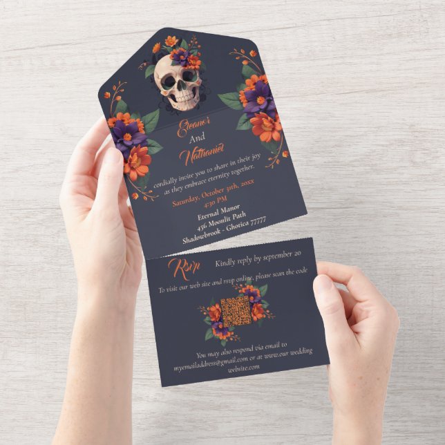 Elegant Gothic 3D Floral Skull Hochzeit All In One Einladung (Abreißen)