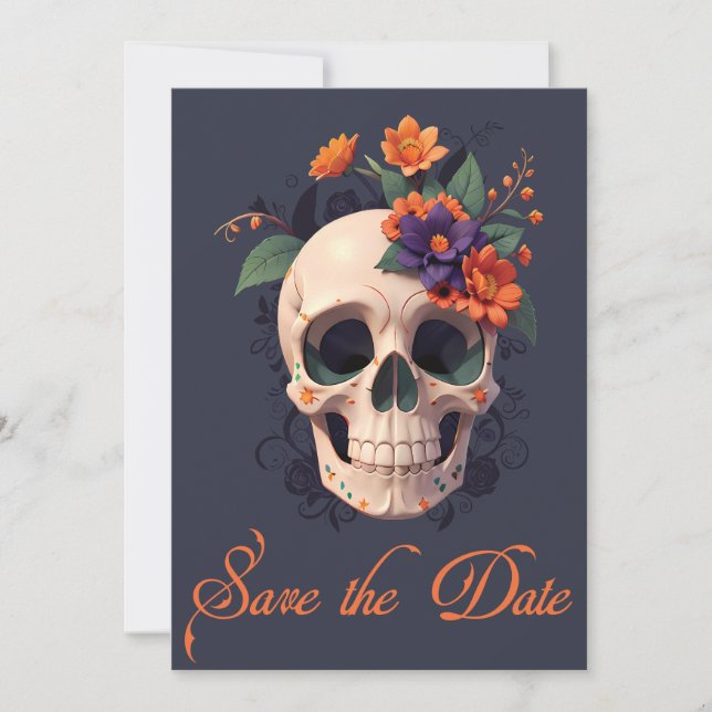 Elegant Gothic 3D Floral Skull Save the Date Einladung (Vorderseite)
