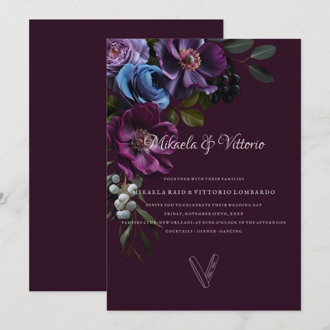 Elegant Gothic Dark Blume Wedding Einladung (Vorne/Hinten)