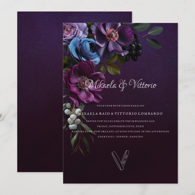 Elegant Gothic Dark Blume Wedding Einladung (Vorne/Hinten)