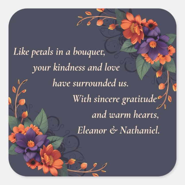 Elegant Gothic Floral Dankbarkeit Hochzeitsticker Quadratischer Aufkleber (Vorderseite)